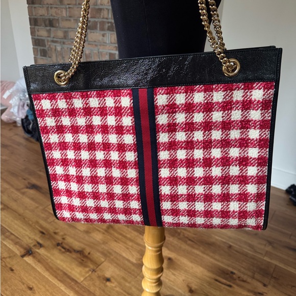 Red Checkered Tote Bag with Chain Straps - Picture 3 of 6